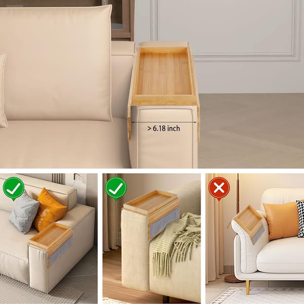 Naturlig Bambus Armlenebrett for Sofa Armlenebrett med Oppbevaringspose Sammenleggbart Sklisikkert Sidebord for Snacks, Kopper og Tilbehør
