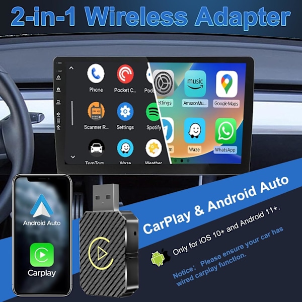 Trådlös Carplay-adapter för Apple och Android Auto - Konverterar trådbunden till trådlös för iPhone iOS 10+/Android 11+