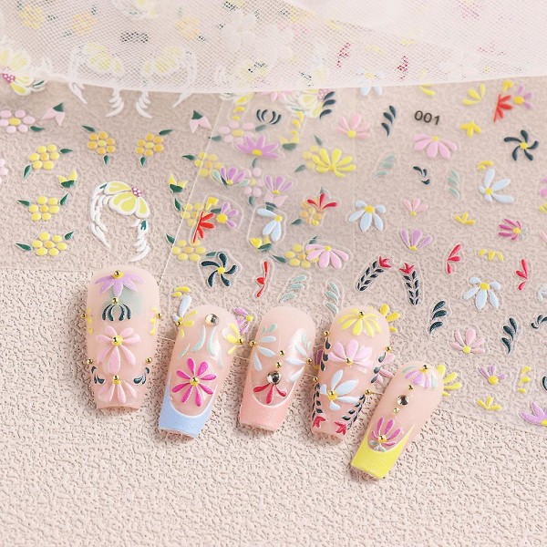 4 ark Flower Nail Art Stickers Nageldekaler, självhäftande nageldekoration för kvinnor gör det själv, flera stilar, 10*8 cm