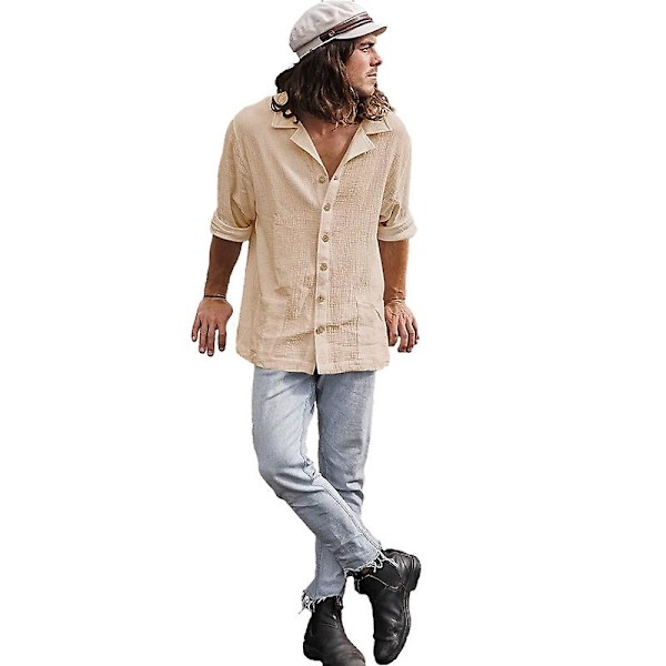 Herr Casual Skjortor Långärmad Krage Strand Skjorta Topp Khaki XL