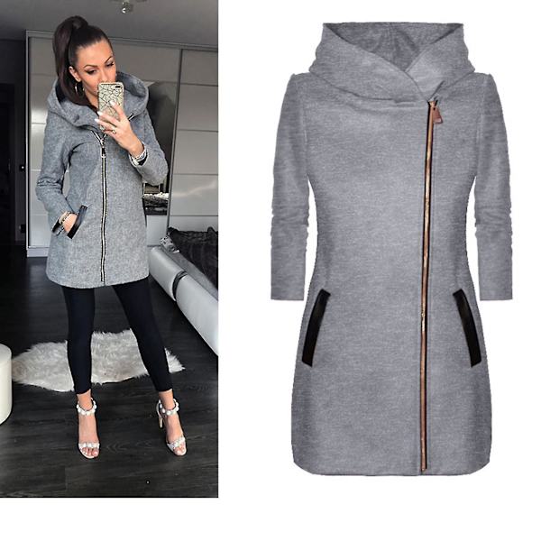 Naisten talvitakki hupulla, taskuilla ja sivuvetoketjulla, puolipitkä 4XL Gray