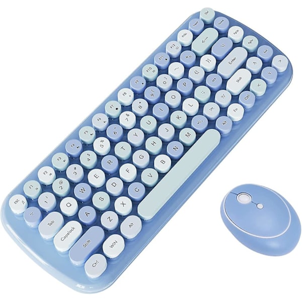 Trådlöst tangentbord och mus-kombination för Windows 24 Ghz trådlös bärbar mus med USB-mottagare 84-tangenters tangentbord med söta runda retro-tangentbord för PC La Blue