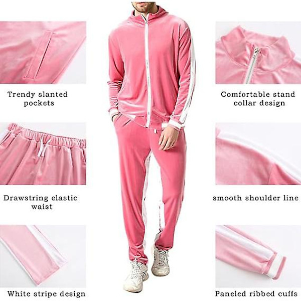 Mjukisdress i sammet för män, avslappnad jacka och byxor Pink XL