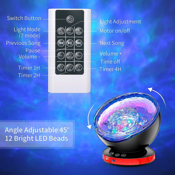 LED Projektorlampe, Ocean Waves Projektor med Fjernbetjening, Timer, 8 Farvetilstande, 6 Musiklyde, Sort