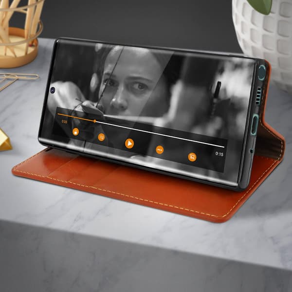 Folio Ægte Læder Galaxy Note 10 Plus Etui Kortholder Video Stand Rød Light Brown