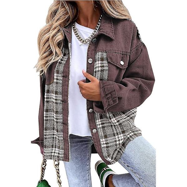 Naisten napilliset denimtakit, pitkähihaiset vapaa-ajan paidat Brown 2XL