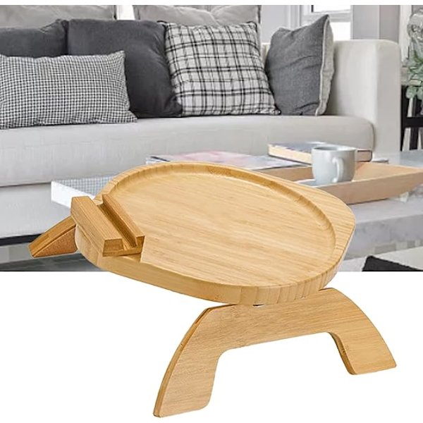 Armlænsbakke i træ med 360° roterende telefonholder, foldbar sofa, armlænsbakke, klemme, sofa, armbord, til brede sofaer (rund)