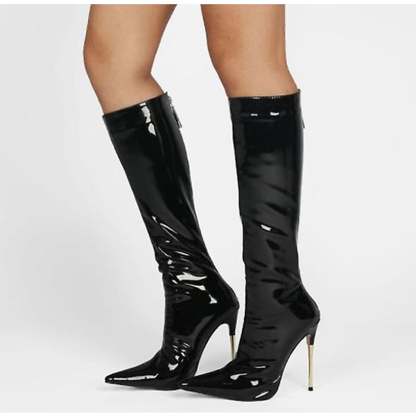 Dame Patent Læder Pu Høje Støvler Spids Tå Lynlås Bagpå Sexede Stiletstøvler Khaki 38