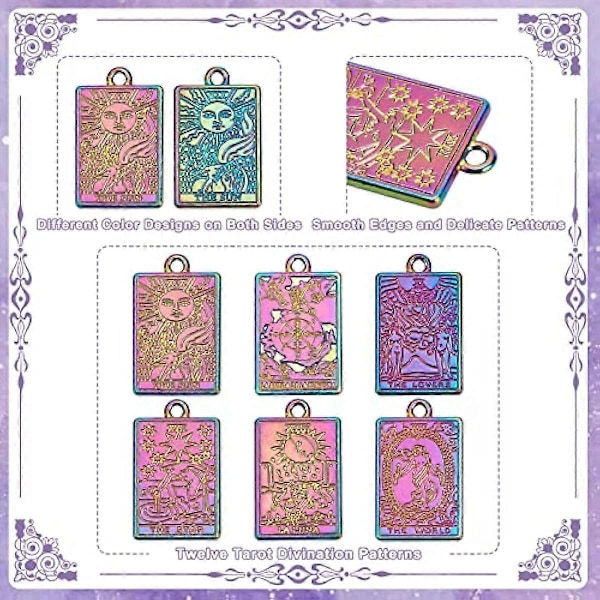 12 kpl 6 tyylin Tarot-kortti-koruja, telinepinnoitettu sateenkaaren värinen suorakulmainen seos Tarot-koru riipus DIY-rannekoruihin, korvakoruihin, kaulakoruihin, henkilökohtaisiin koruihin