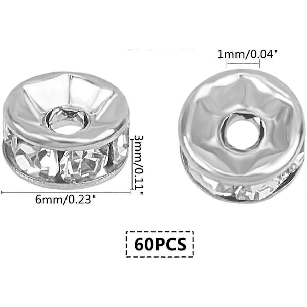 1 Ask 60 st 6mm Skivavståndspärlor 316 Rostfritt Stål med Klar Kristall Strass Pärlor Platta Runda Pärlor Avståndspärlor Strass Pärlor för Smyckestillverkning Fin