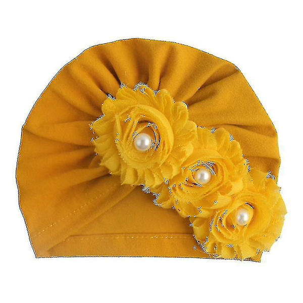 Spädbarn Nyfödd Turban Mössa Blommor Pärlhuvudband Mössa Mössa, Gul