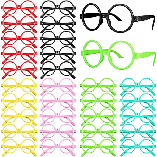 30 st färgglada trollkarlsglasögon lekglasögon för barn runda glasögonbågar utan linser födelsedagskostym snygg båge för Halloween julkostym