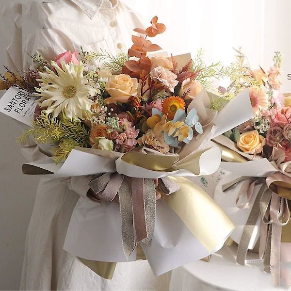 Dubbelsidigt gyllene blomsteromslagspapper Vattentät presentförpackning Blomsterhandlare Bukettförpackningar, 20 ark 23,6x23,6 tum (5)
