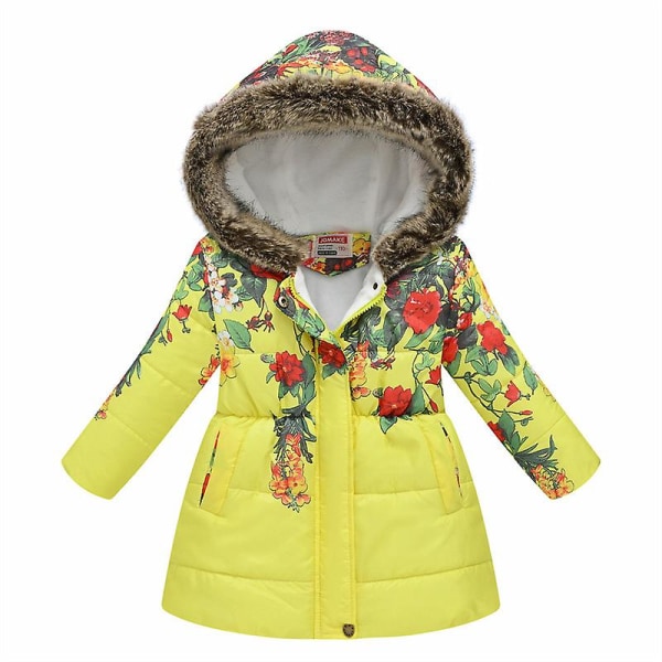 Flickans vinterkappa jacka med huva barn blomma tryck Parka ytterkläder Yellow 130