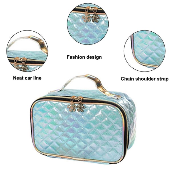 Laserläder diamantpläterad kosmetisk väska, bärbar kosmetisk väska, Pu-material blue