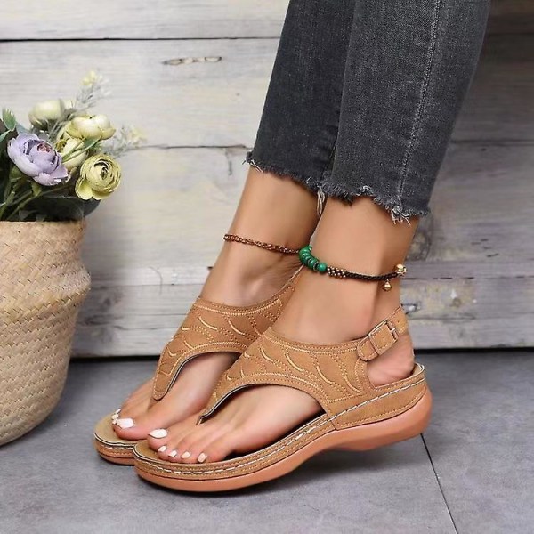 Dam Solid Color Broderade Flip Flop Sandaler Strandtofflor 086 Brown EU 42