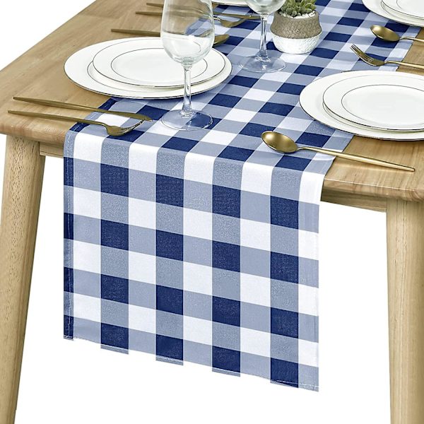 Homes Bordløber til 8 personer - Rustik Farmhus Dekoration Økologisk Bomuld, Dekorativ Hjemmelavet Plaid Dug til Fest, Restaurant & Udendørs blue 33x275cm