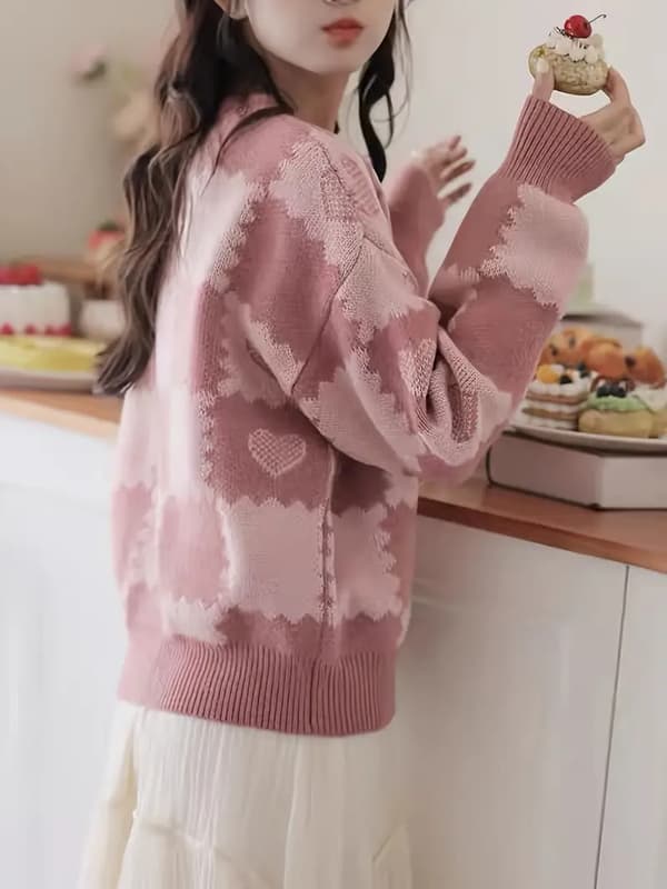Blomstret patchwork-sweater til Valentinsdag, afslappet langærmet sweater, afslappede toppe til efterår og vinter, dametøj Pink