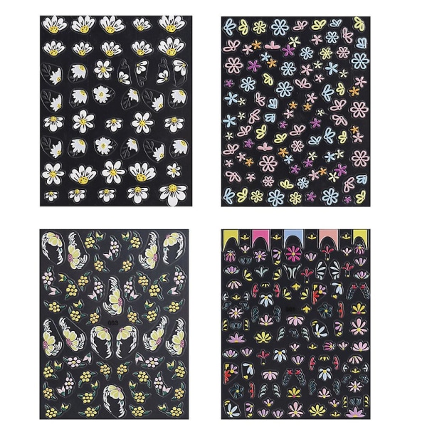 4 ark blommiga nagelkonst klistermärken nagel dekaler, självhäftande nageldekoration för kvinnor diy, flera stilar, 10*8cm