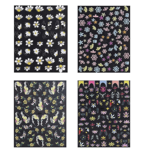 4 ark Flower Nail Art Stickers Nageldekaler, självhäftande nageldekoration för kvinnor gör det själv, flera stilar, 10*8 cm