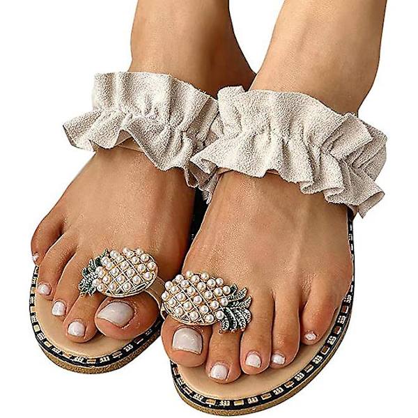 Sandaler for kvinner, flate, avslappede slippers med ringtå, strandsko Beige 39