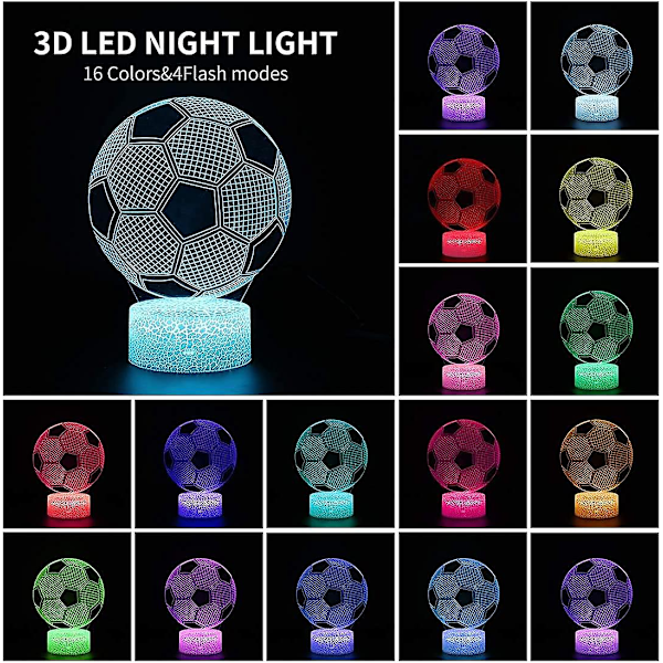Fotball 3D Illusjonslampe, Fotballgaver til Gutter Jenter, 3D Nattlys med 16 Farger Endre Fjernkontroll, Dekorativ Bordlampe, Kreativ Bursdag