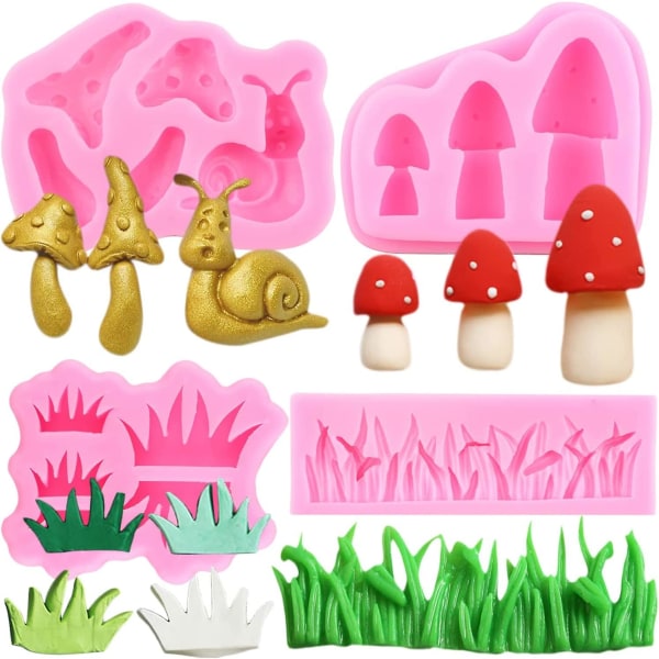 Förtrollad Vintage Fairy Garden Svampsnigel Molds Grönt gräs Form för tårtdekorering Godis Choklad Polymer Lera Gum Paste Set O