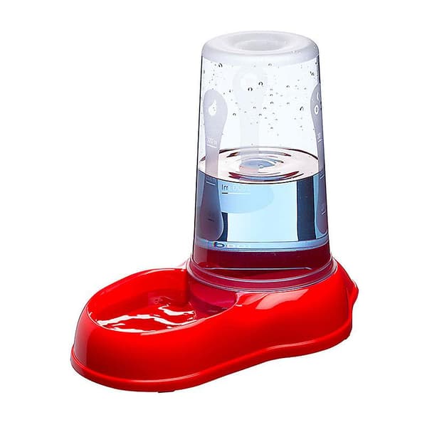 Vand- eller foderdispenser til katte og hunde, tørfoder/vand 0,6 liter, robust plastik 12,5 x 19 x H 19,5 cm rød