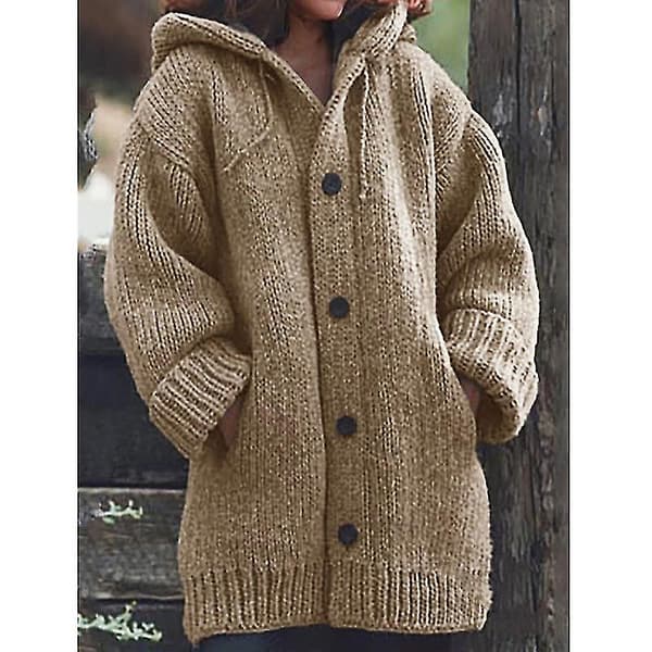 Kvinnor Hooded Stickad Tröja Höst Vinter Mid-längd Solid Färg Knapp Ned Tröja M Black