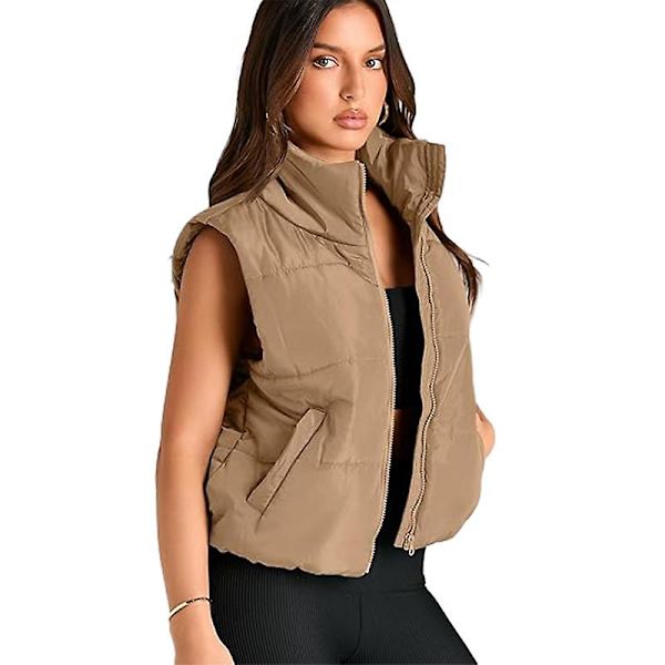 Puffer väst dam ärmlös vinter beskuren ståkrage dun ytterkläder Khaki L