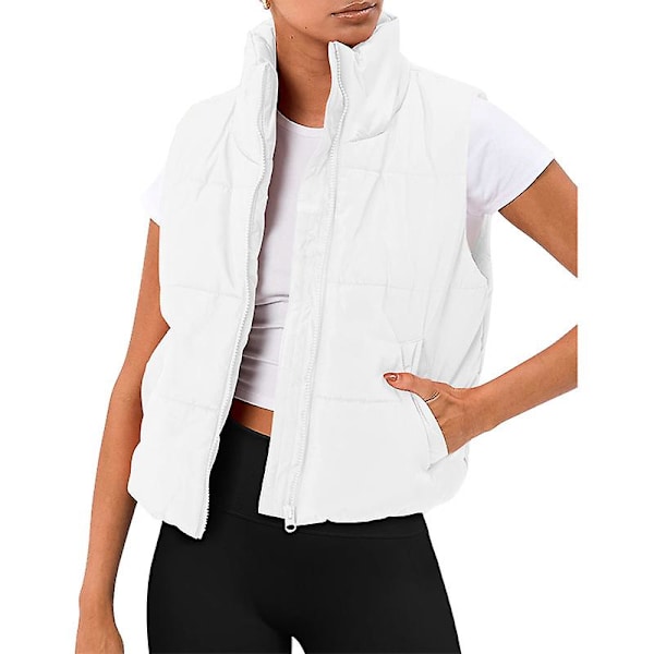 Puffer väst dam ärmlös vinter beskuren ståkrage dun ytterkläder White XL