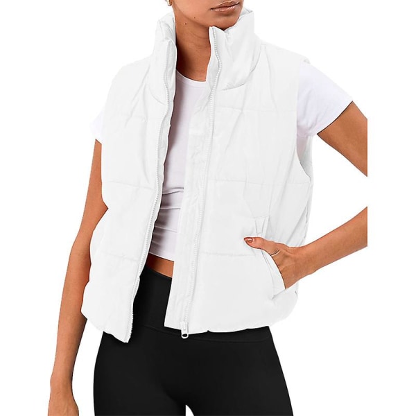Puffer Vest Dame Ærmeløs Vinter Cropped Stand-up Krave Dunjakke White M
