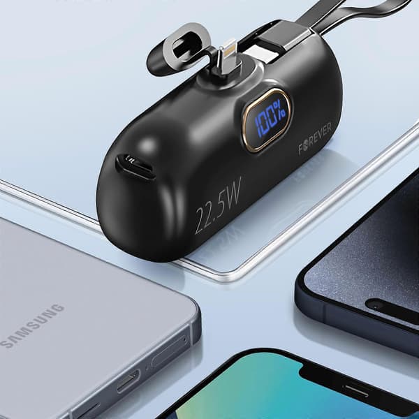Eksternt batteri 5000mAh Lightning-stik + integreret USB C-kabel, Sort