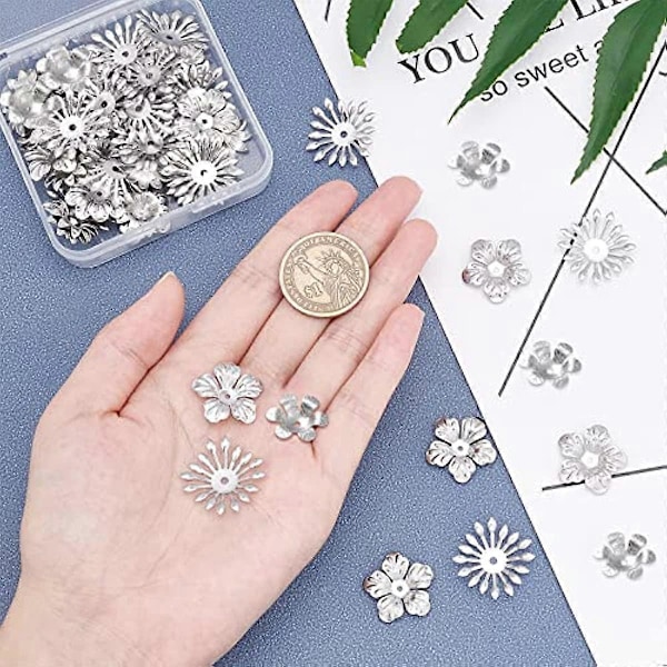 Om lag 60 stk. 3 Størrelser Multi-Petal Blomst Perlehetter 18/20/25mm Kirurgisk Stål Spacerhetter Perlehette Spacere for Armbånd Halskjede Smykkefremstilling Rustfritt