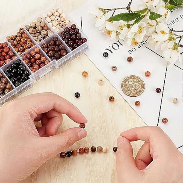 500 st Naturliga Träpärlor 10 Stilar 6mm Runda Träpärlor Lösa Pärlor Släta Träavståndspärlor för Armband Halsband Örhängen Smyckestillverkning DIY-Hantverk