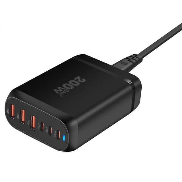 200W 6-portars GaN USB PD-laddare: 2 USB-A + 4 USB-C snabbladdning för iPhone, Huawei, Samsung, Macbook White