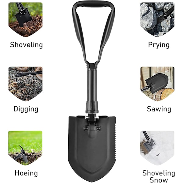 58cm hopfällbar spade, ultrastabil högstyrka kolstål multifunktionell spade bärväska, (svart)
