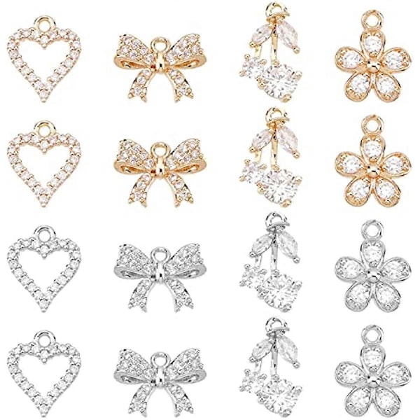 16 st 4 Stilar Kubisk Zirkonia Hängeberlocker 18K Guldförgylld Hjärta Rosett Blomma Körsbär Berlocker Kristall Rhinestone Mässing Hänge för Smyckestillverkning
