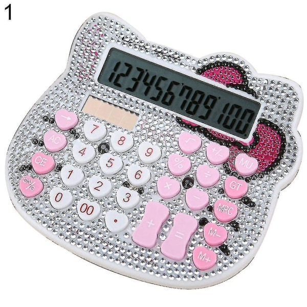 Söt tecknad strass solkalkylator skolmaterial White and Pink Rhinestone