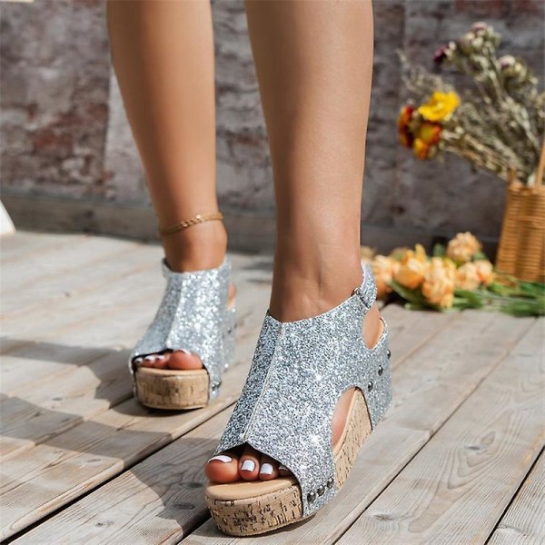 Sandaler Damer Tyk Sål Retro Sandaler Damer Sequin Nitter Velcro Sandaler Silver EU 38