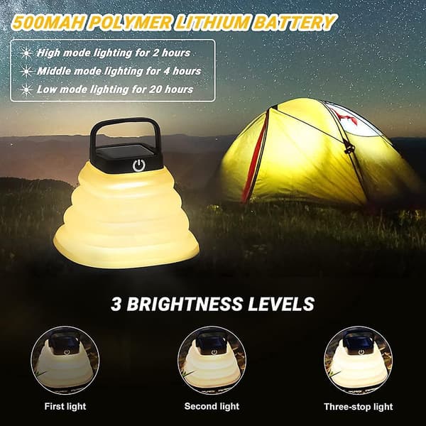 LED Solcelledrevet Campinglykt Lanterne, Sammenleggbar, 3 Dimmingsmoduser