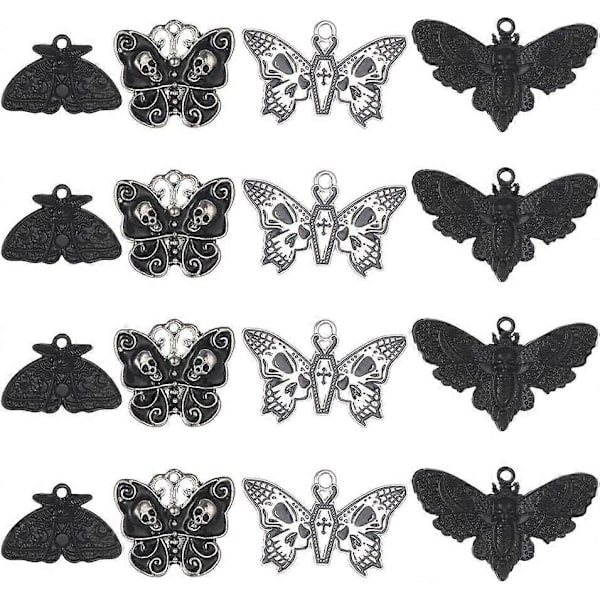 1 Æske 24 stk. 4 Stilarter Sommerfugl Charm Møl Charms Bulk Gotisk Charm Sort Kranie Sommerfugle Skelet Halloween Legering Insekt Charm til Smykkefremstilling Ch