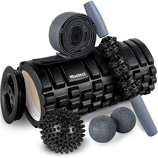 5-i-1 Foam Roller Sett Bestående av Hul Massasjerulle Med Endestykker, Muskelrullebar, Tøyestrikk