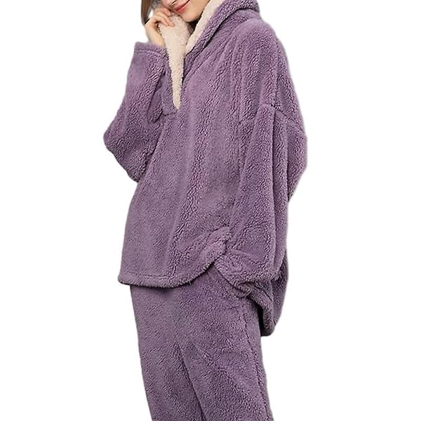 Fleece Pyjamassæt til Kvinder, Blødt Nattøj Varm Sherpa Pullover Bukser Purple XL