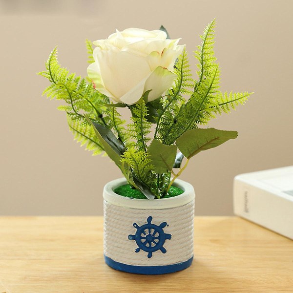 Fake Flower Simulering Rose Liten Bonsai konstgjord växt Krukdekoration Siden Blomma Grön växt white