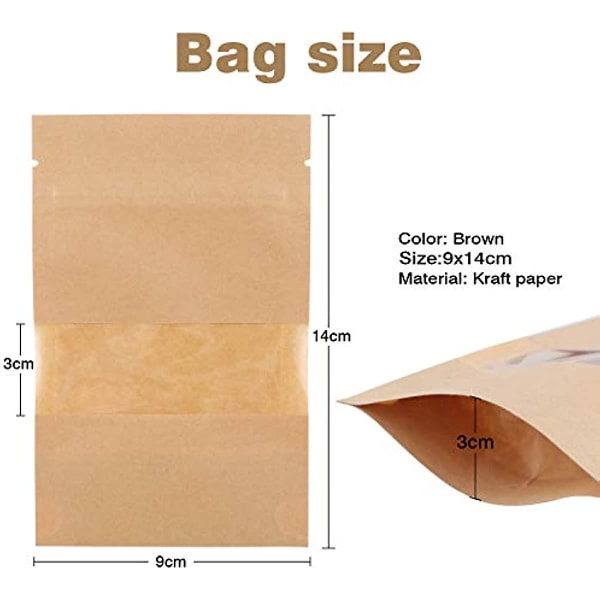 100 stk. Kraftpapir Stå Opp Matposer Kraftpapir Matlagringsposer Gjenbrukbare Zip-lock Forseglingsposer 9x14cm