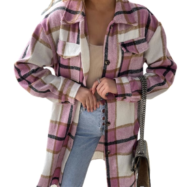 Uformell lang damekåpe med krage, knapper, brystlomme og rutete trykk, åpen front XL Pink