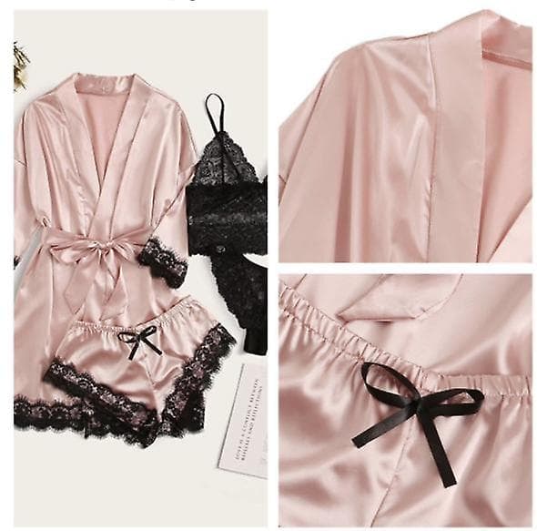 Dame 4-delt Pyjamas Satin Pyjamassæt med Morgenkåbe Pink L