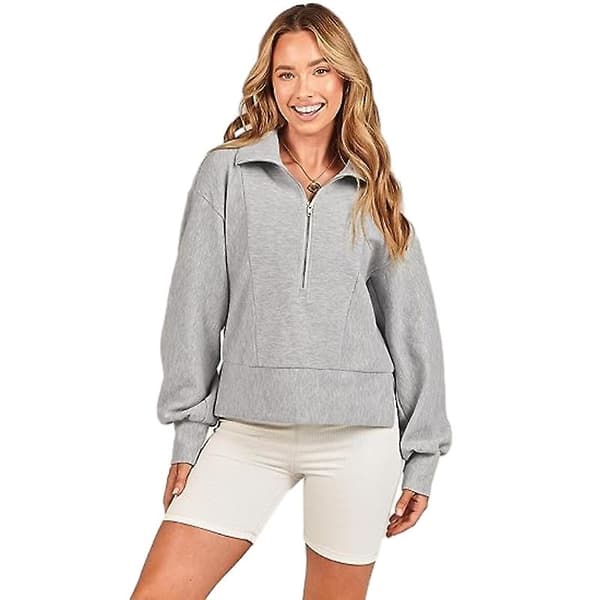 Casual Half Zip Sweatshirts for kvinner, langermet Cropped Pullover Grey 2XL