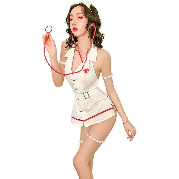Kvinnlig sexig sjuksköterska underkläder set cosplay kostym docter uniform WHITE